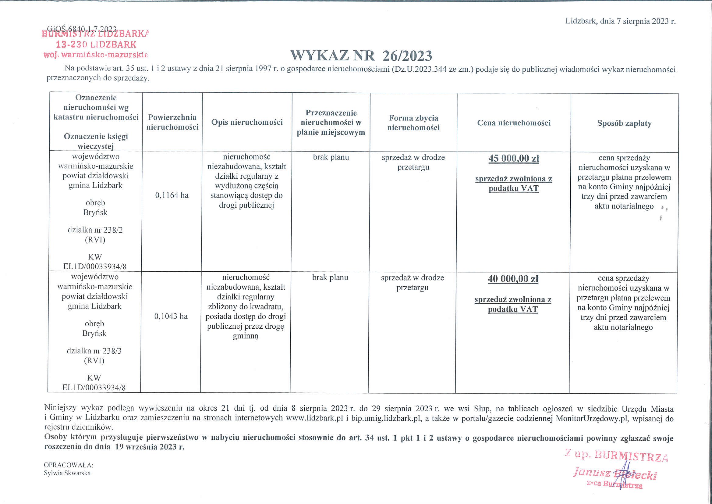 Wykaz Nr 26/2023 - Nieruchomości niezabudowane do sprzedaży - Bryńsk dz. nr 238/3 i 238/3